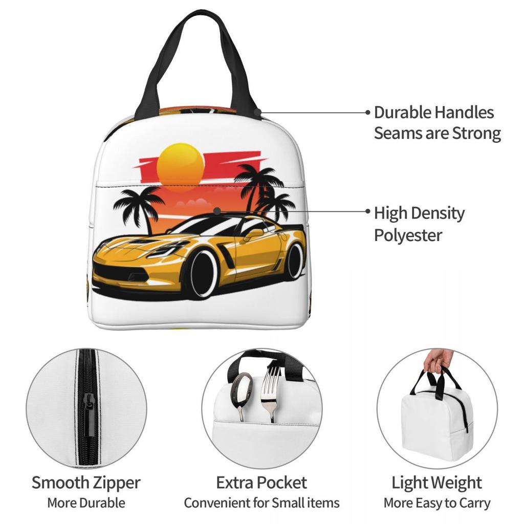 Yellow Corvette Z06 Sunset Palms Insulated Lunch Bag for Kids Cooler Thermal Food Box Tote Leakproof Lunch Boxes Container