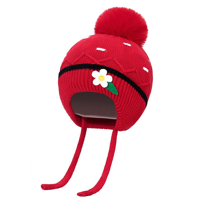 Детская утепленная шерстяная шапка осень-зима для девочек, толстая теплая вязаная шапка с цветочным узором и шариком для ушей
