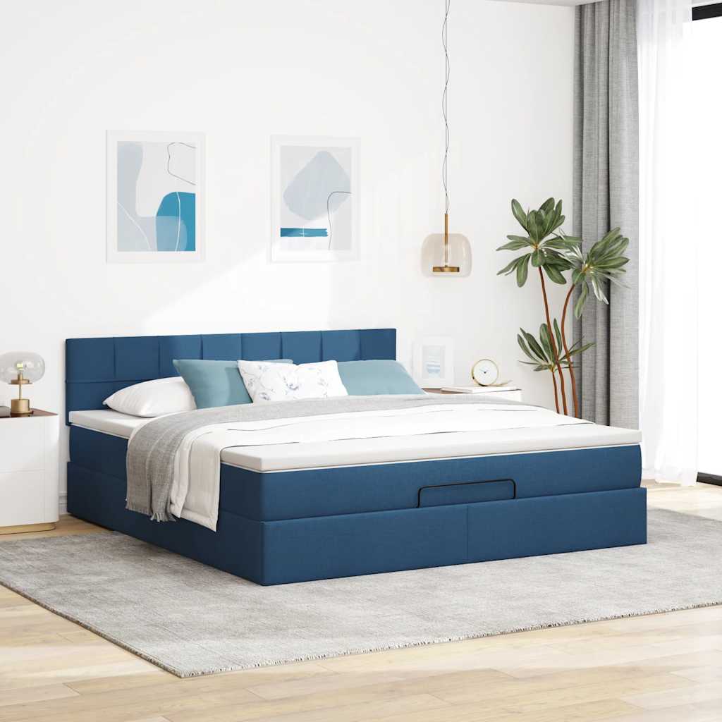 Ottoman Bed with Mattress & LEDs Blue 160x200 cm Fabric