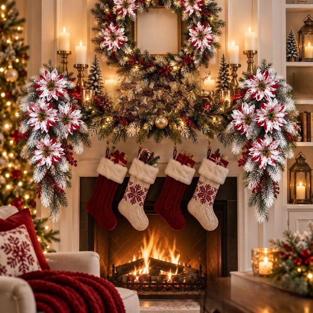 Gold Powder Christmas Wreath Artificial Poinsettia Fake Flower Wreath Holiday Decoration