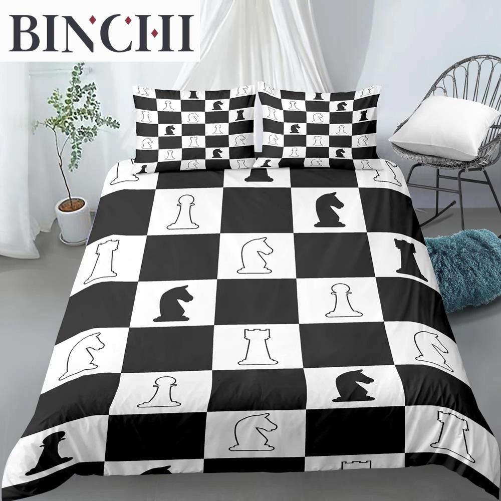 International Chess King Queen Duvet Cover Chess Board Bedding Set Black White Grid Quilt Cover Plaid Polyester