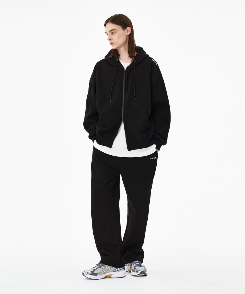 MOZMOZ Wide Fleece-Lined Training Pants With String Embroidery Details Black