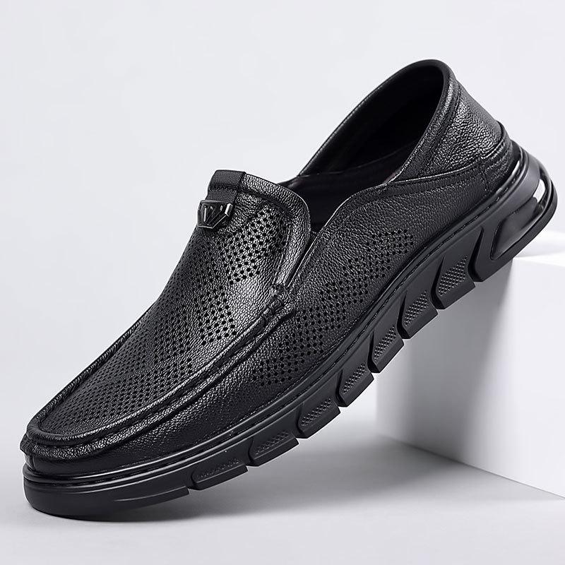 Перфорированная кожаная обувь мужская летняя дышащая мужская обувь деловая кожаная повседневная обувь круглый носок для мужчин среднего возраста обувь на одной педали мужская