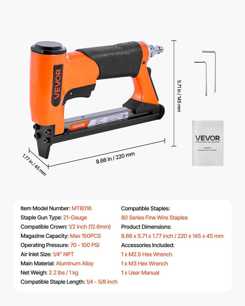 Pneumatic Staple Gun, 21 Gauge Air Upholstery Stapler for 80 Series Fine Wire Staples 12.8mm Crown 6mm -16mm Length, Max 150PCS Loading Air Staple Gun