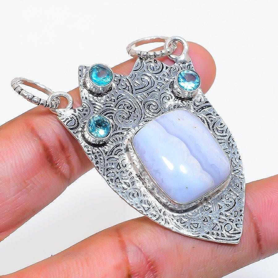 Natural Blue Lace Agate, Topaz 925 Sterling Silver Jewelry Pendant 2.21" ZS-332