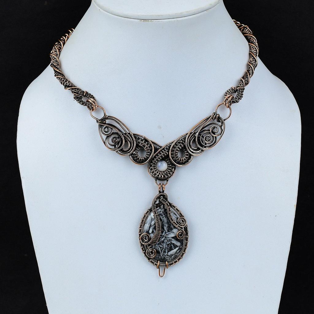 Ожерелье из пинолита из яшмы, ожерелье из медной проволоки, ожерелье из радужного лунного камня, ожерелье ручной работы из настоящего драгоценного камня, медные украшения, подарок для мамы