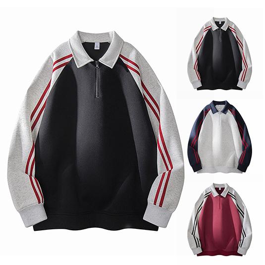 Men's American Retro Striped Color-blocked Stand-up Collar Hoodie, Loose Couple's Versatile Casual Zipper Pullover Top
