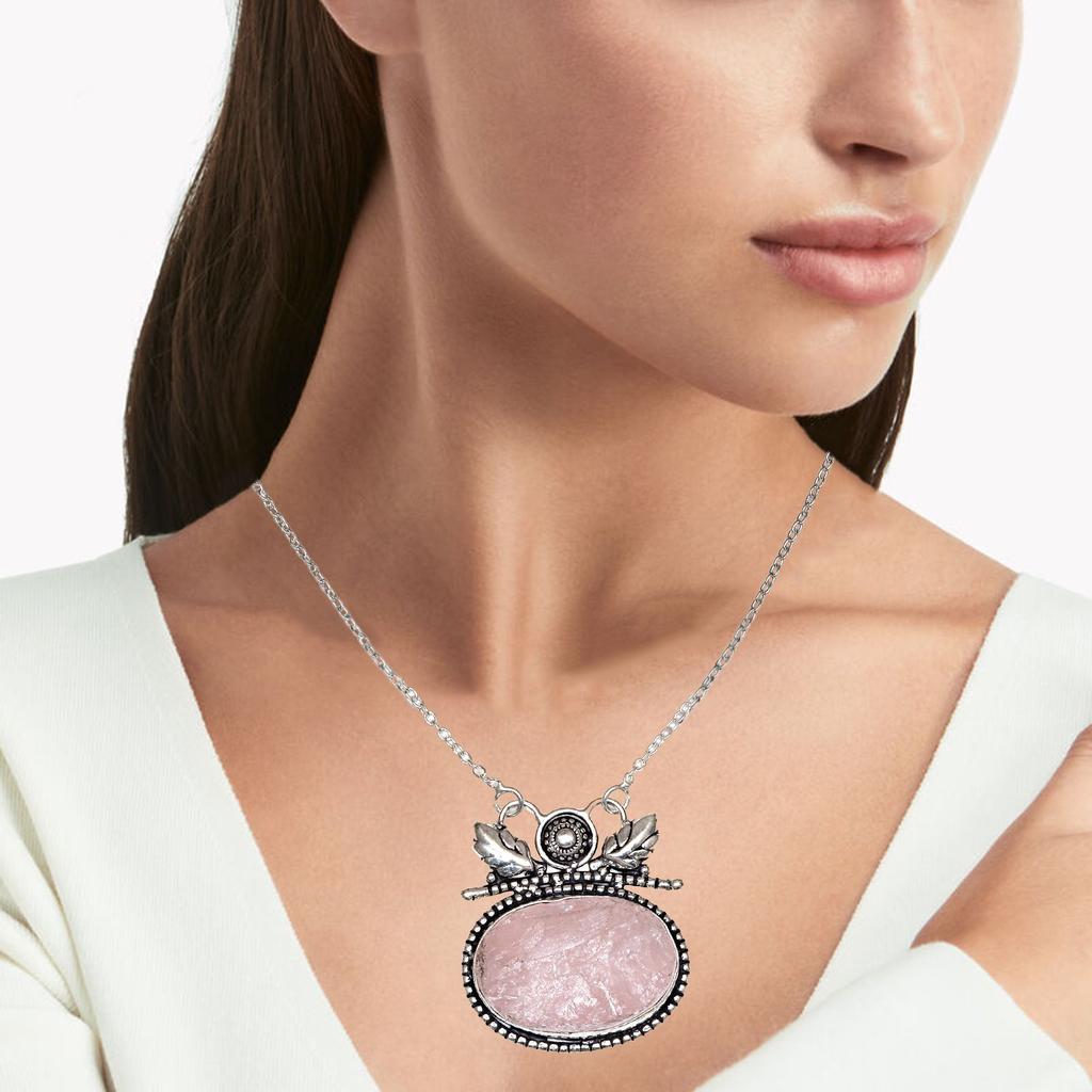 Rose Quartz  Drusy Gemstone Mother's Day Silver Jewelry Necklace 20 In