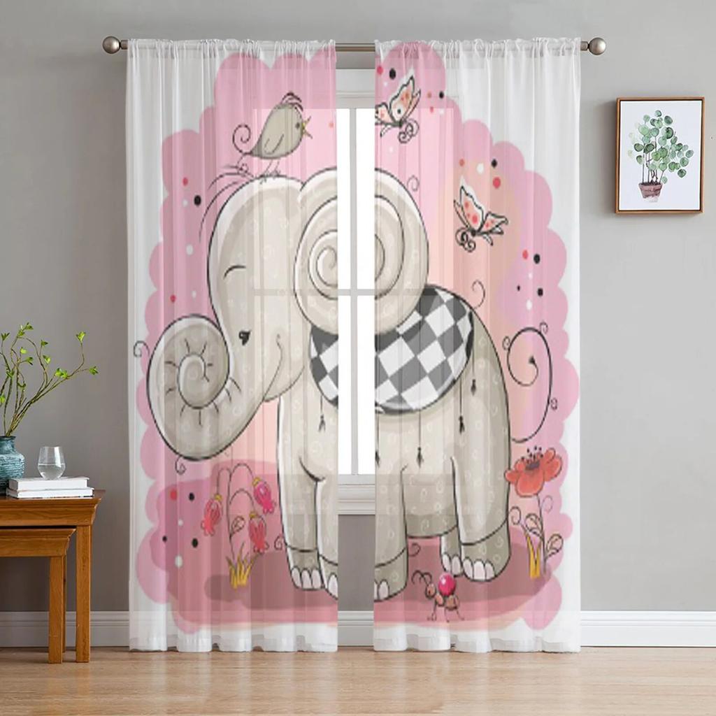 Прозрачные шторы с милым мультяшным слоном и птицей для гостиной, тюлевые шторы для детской спальни, кухонные шторы для окон