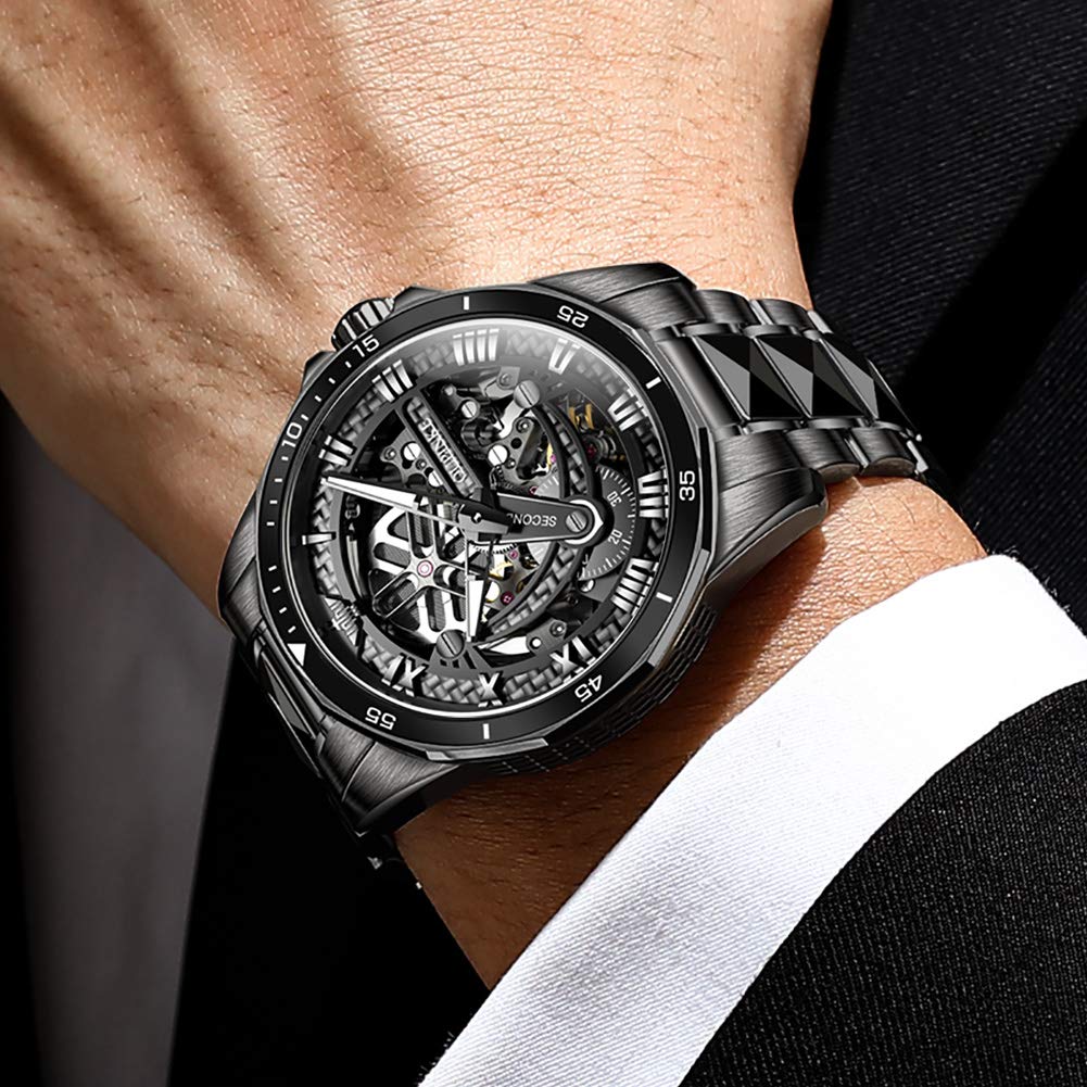 Skeleton Mechanical Automatic Luxury Watch Skeleton 50M Water Resistant Sapphire Glass Tungsten Band Luminous Black Watch for Men Men's Men's