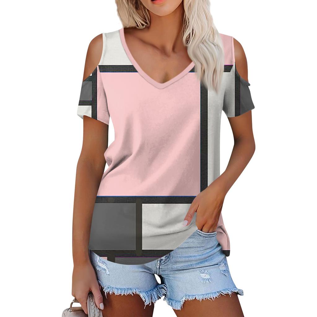 Женская летняя модная повседневная футболка без бретелек с v-образным вырезом и коротким рукавом с принтом, топ