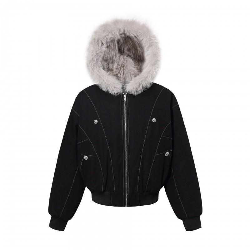 Winter Streetwear Parka Teens Thick Padded Hooded Coat With Faux Fur Collar Loose Fit Solid Color