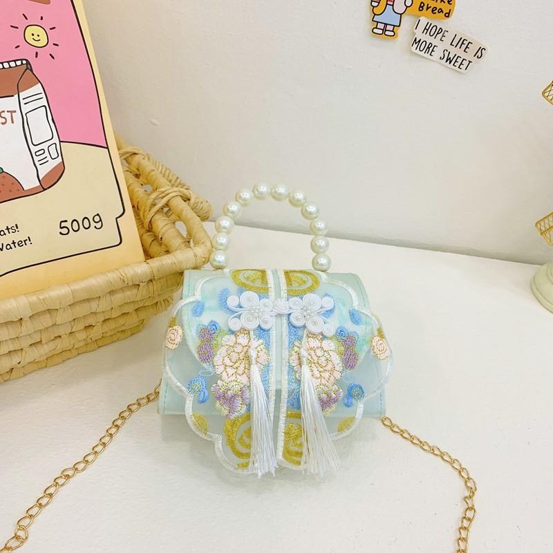 Stylish Retro Children's Shoulder Bag With Breathable Design And Beautiful Beaded Chain For Daily Use