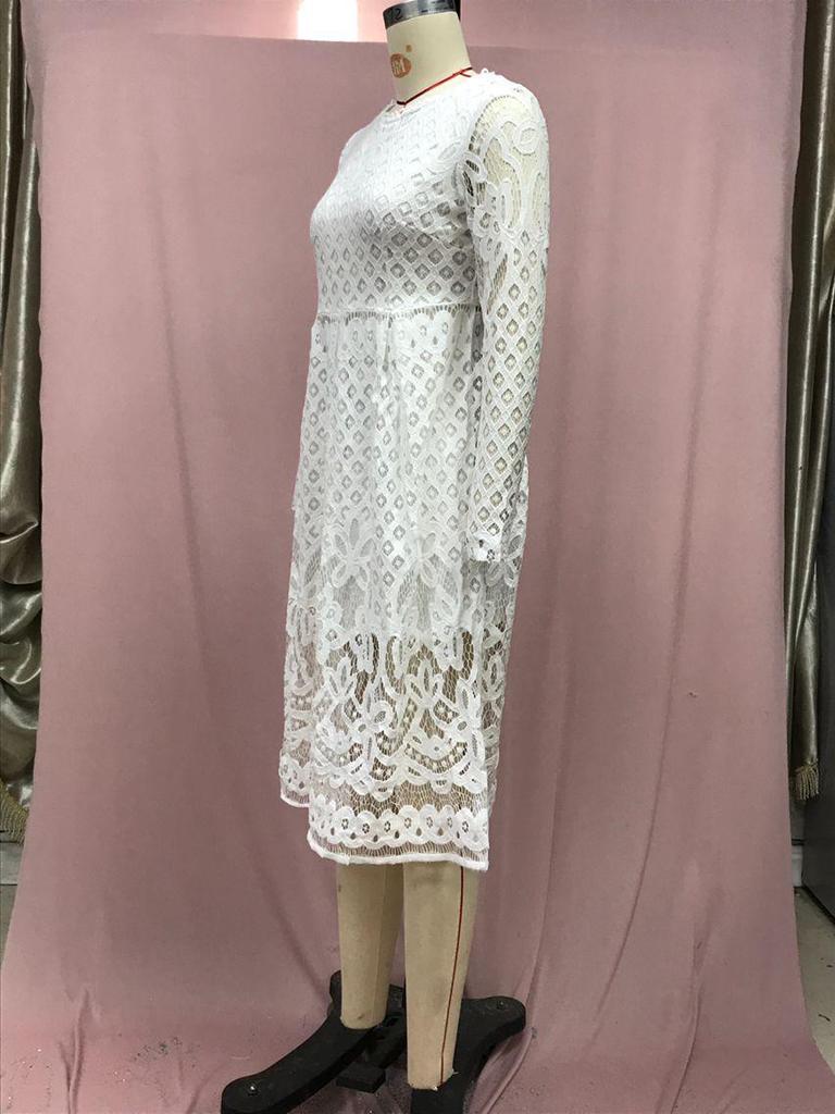 2025 Autumn Women's Lace Hollow Round Neck Slim Dress