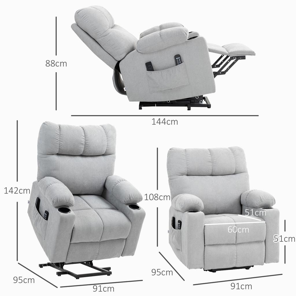 Riser Recliner Chair for Seniors, Reclining Function, incl. Remote Control, 144 cm x 91 cm x 88 cm, Light Grey