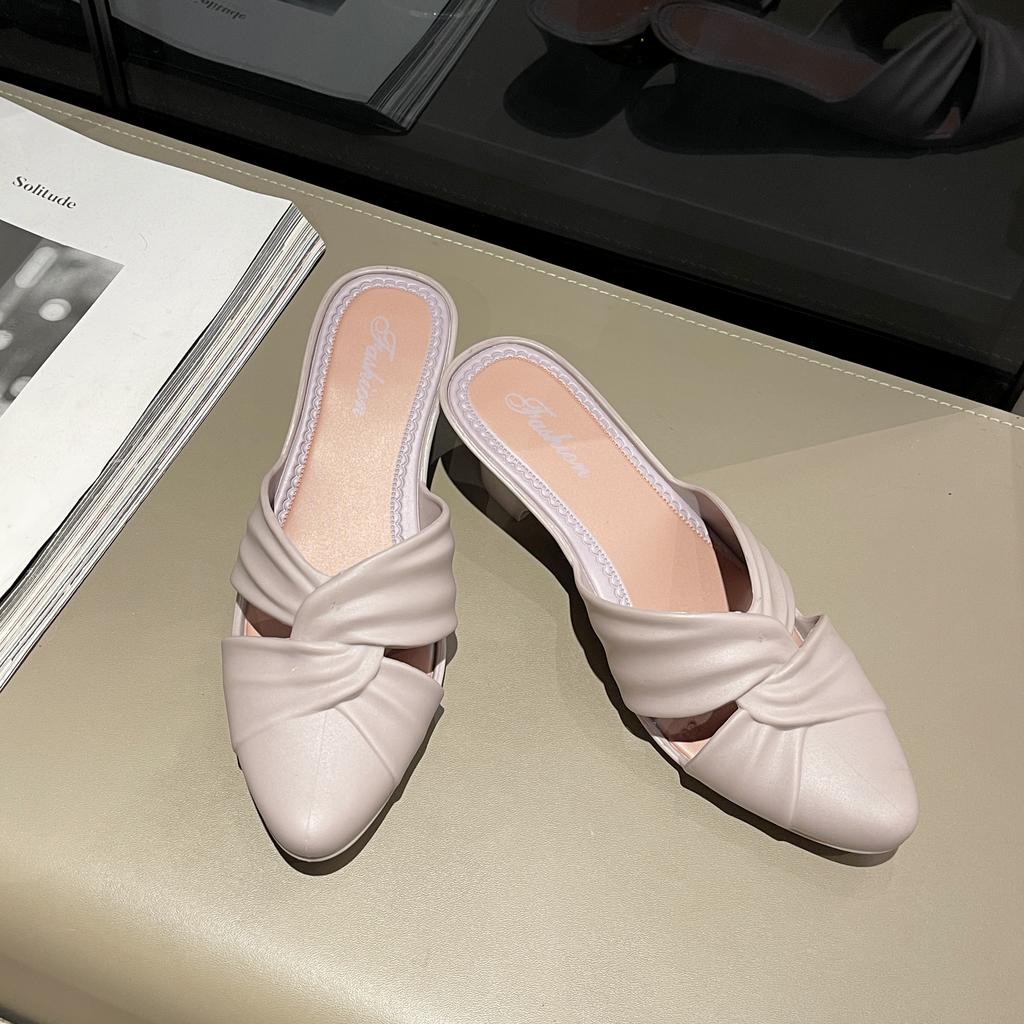 Женские новые летние модные однотонные туфли из ПВХ с острым носком и толстым каблуком, женские сандалии на низком каблуке