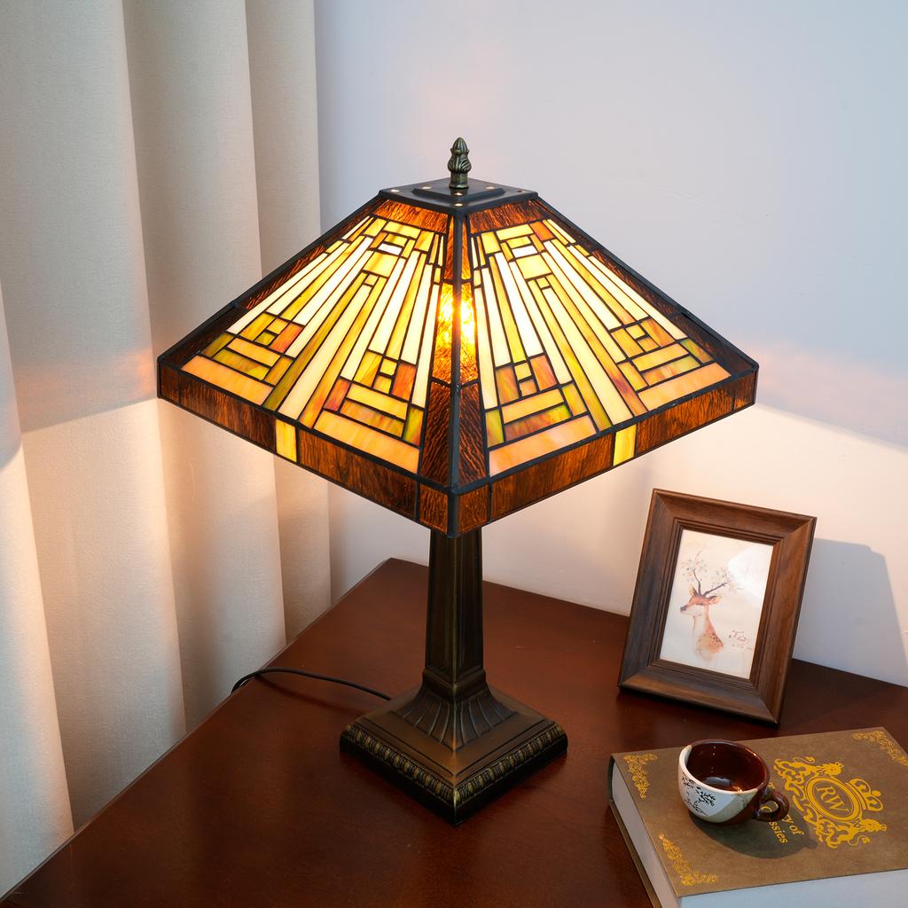 Retro Lamp Stained Glass Table Lamp Amber Brown Mission Style Desk Lamp Decor for Bedrooms Living Room Study Home Office