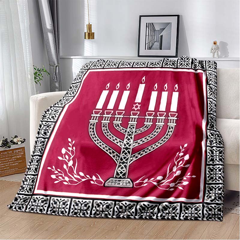 Jewish Hanukkah Golden Menorah Dove Star Of David Vintage Blue Red Border Print Soft Flannel Throw Blanket Warm Sofa Bed Decor Cover For Holiday Fans