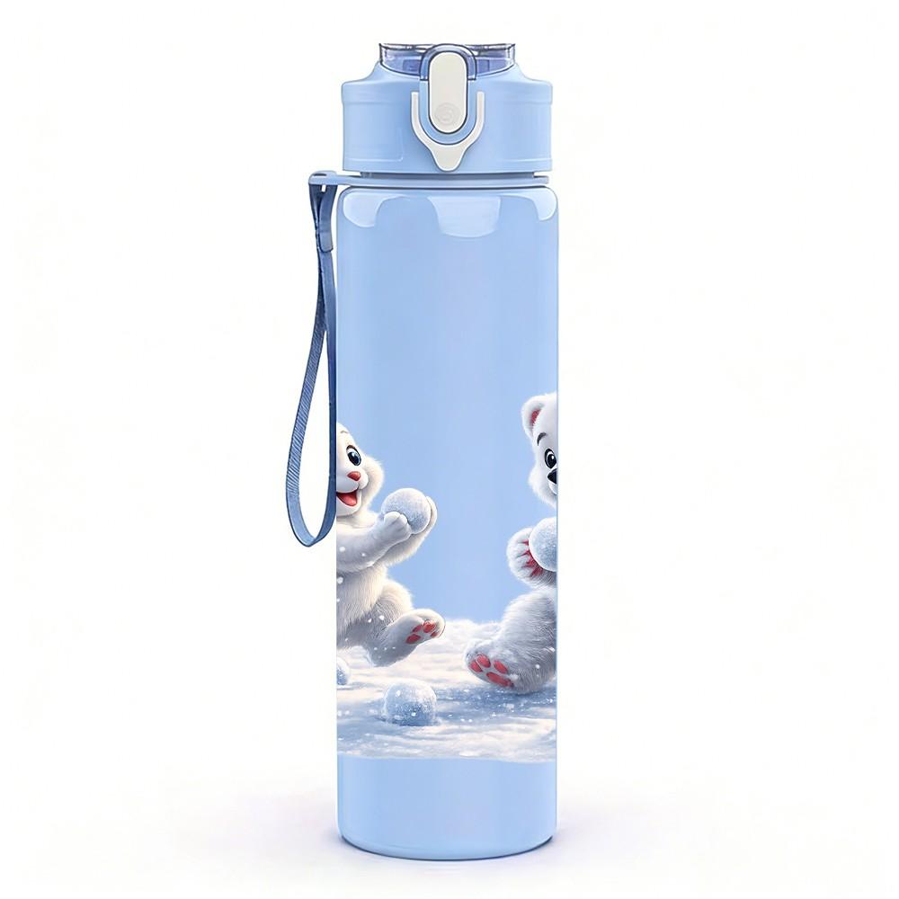 1PC Rabbit And Bear On Ice Snow Scene Print 750ml Color Plastic Sports Water Bottle Leakproof Flip Straw Lid Suitable for Sports Office Home Use
