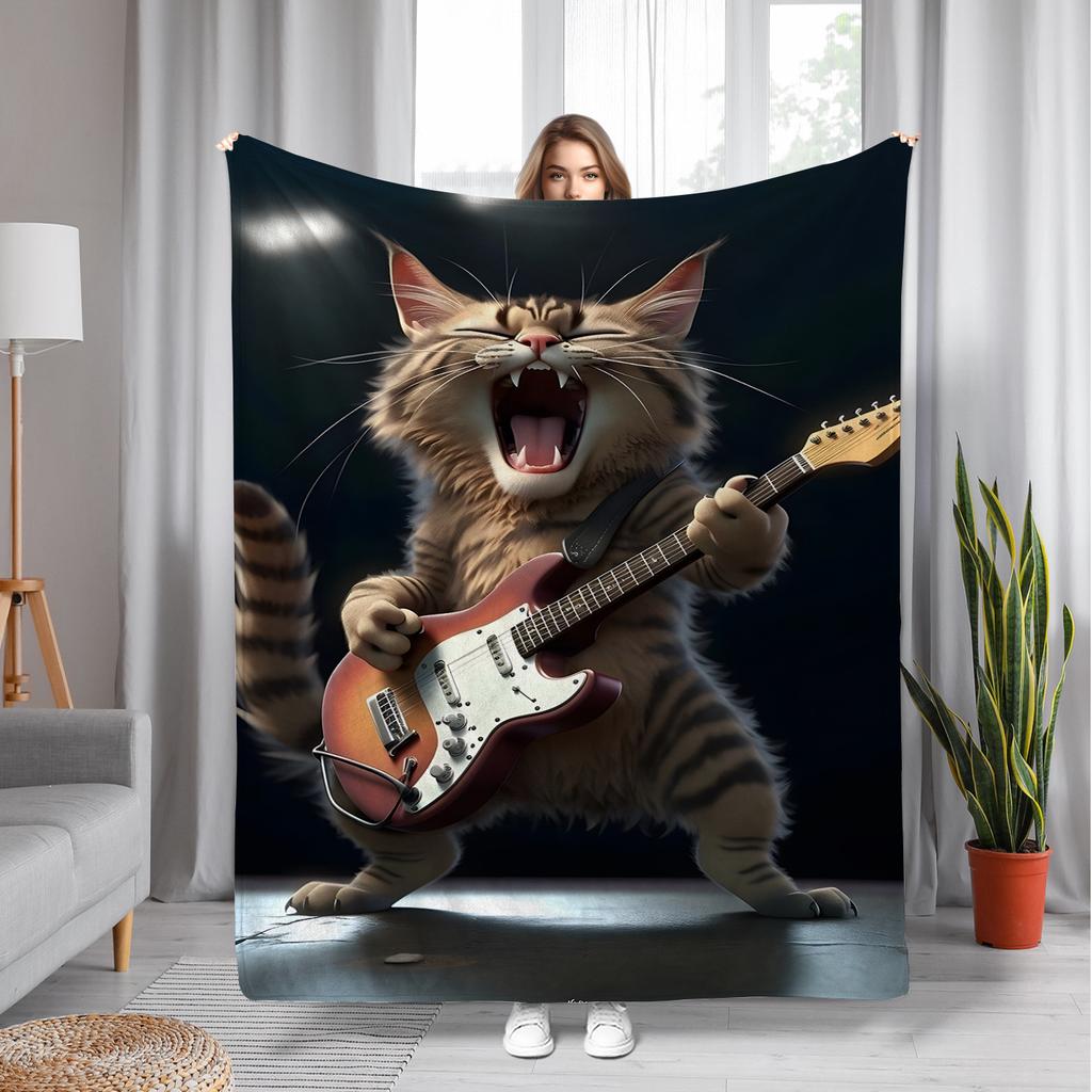 Rock Cat Guitarist Pattern Flannel printed blanket suitable for all seasons suitable for living room office sofa and travel