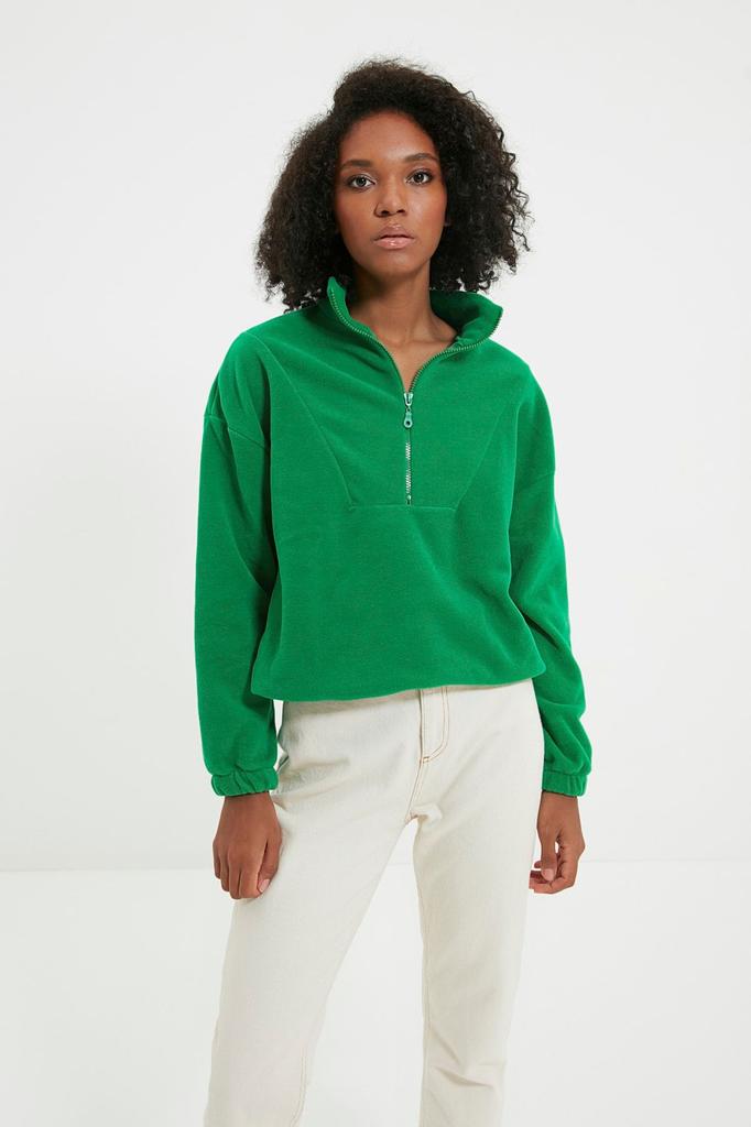 Женская модная стильная толстовка Изумрудно-зеленая флисовая вязаная толстовка с застежкой-молнией