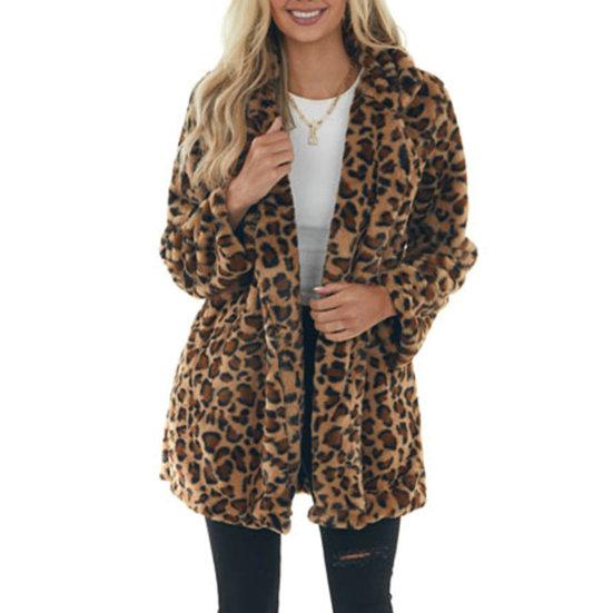 Fall Winter Women Coat Thick Plush Leopard Print Lapel Long Sleeve Windproof Cold-proof Mid Length Pockets Cardigan Lady Loose Overcoat