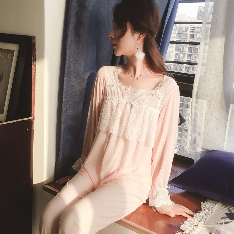 Французский винтажный кружевной женский пижамный костюм из двух предметов, женский, с длинным рукавом, рюшами, брюки, пижама принцессы, свободный крой, повседневный домашний костюм
