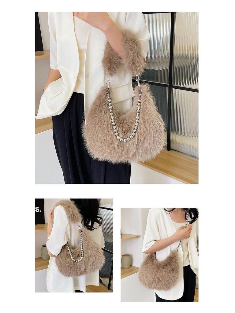 Autumn/Winter Faux Fox Fur Plush Shoulder Bag with Pearl Chain