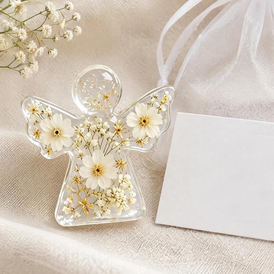 Handmade Floral Angel Ornament Forget Me Not Dried Flower Keepsake, Mini Acrylic Pocket Hug Figurine, Forget-me-not Memory Token Memorial Comfort