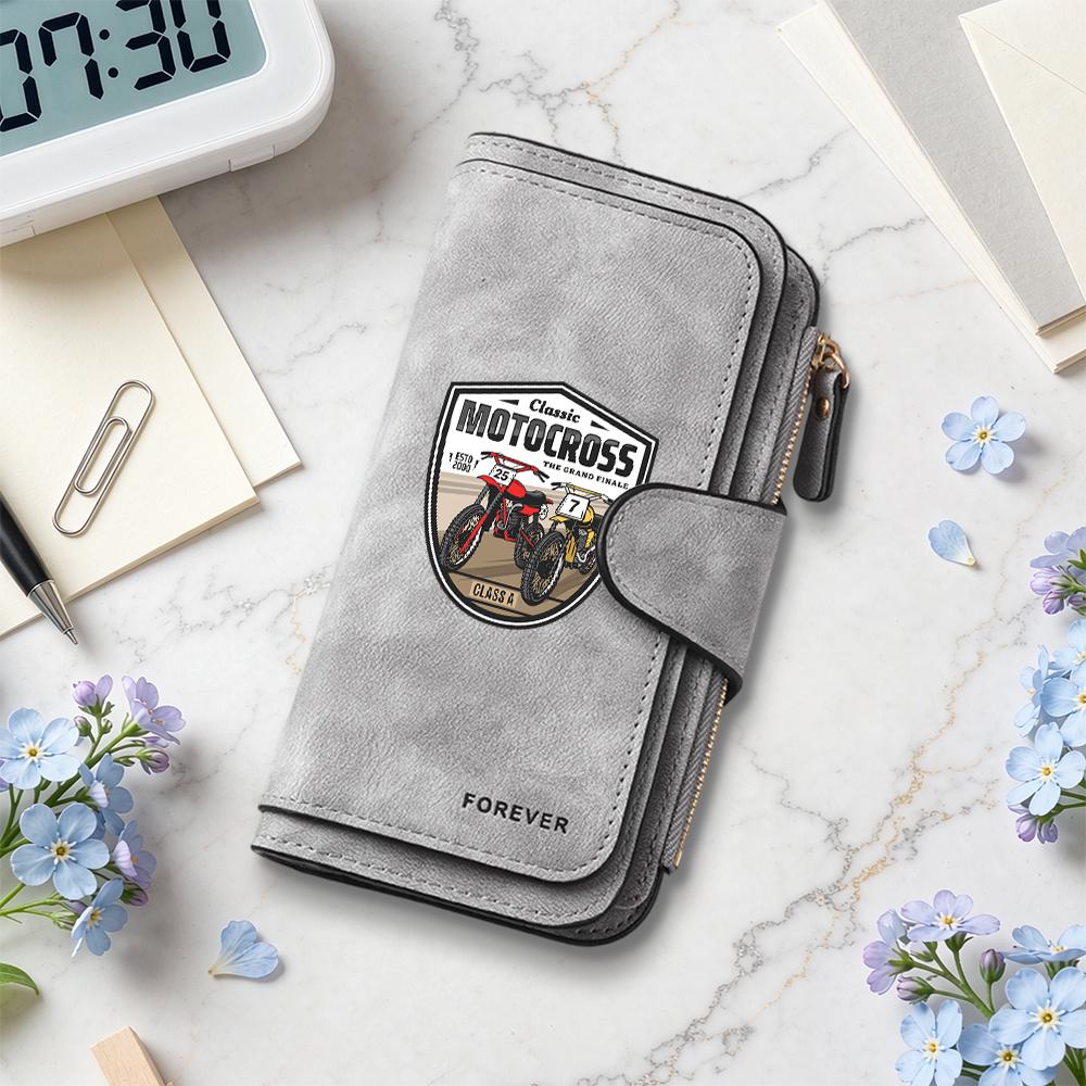 Classic Motocross Pattern Leather Long Wallet Multi Card Slots Vintage Purse for Daily Use