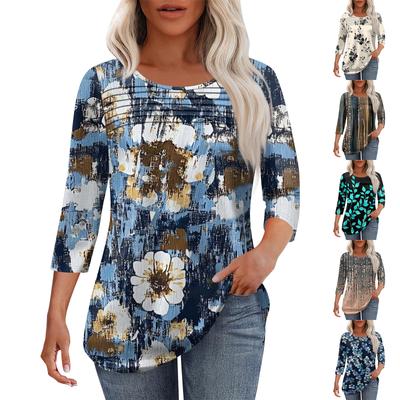 Женская мода круглый вырез горловины плиссированная передняя планка топ рукав 3/4