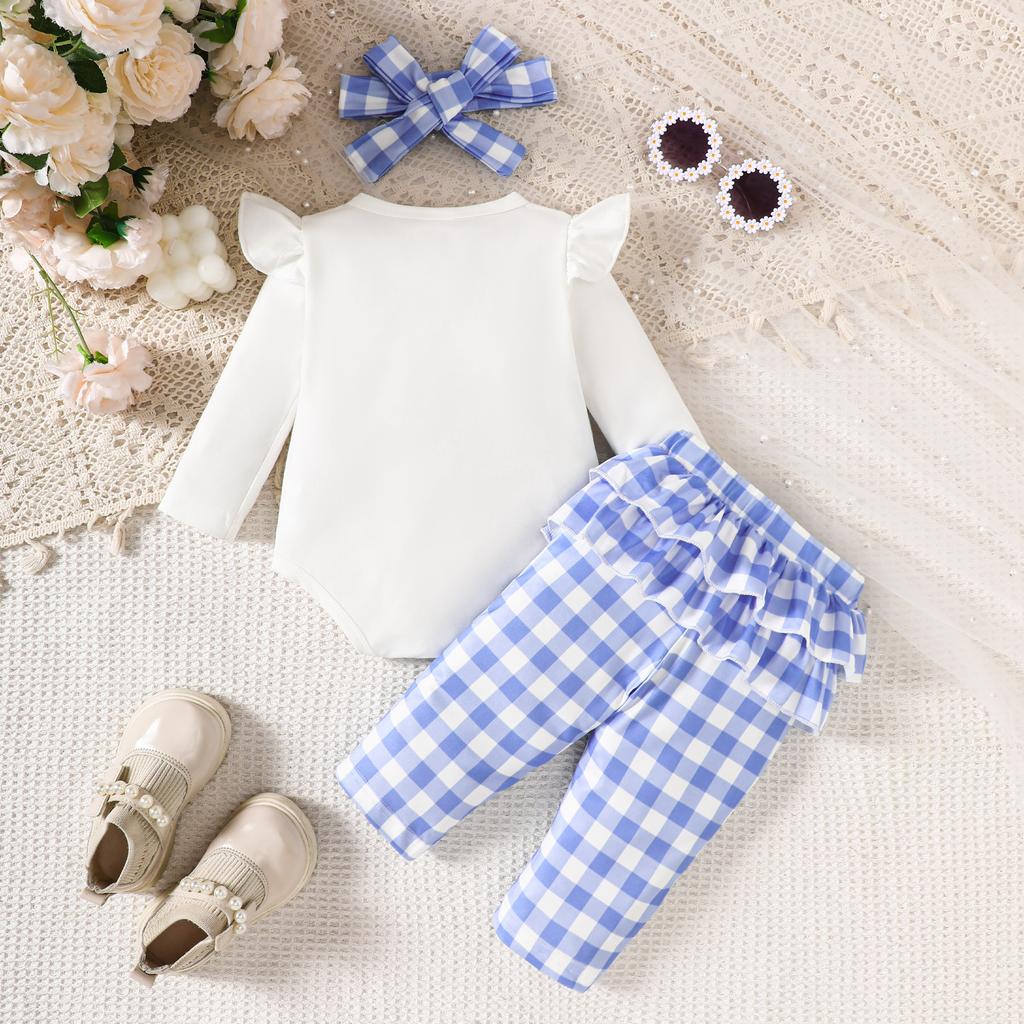 Летний детский комплект из трех предметов: длинные брюки цвета хаки в клетку с бантом и длинными рукавами для девочек + повязка для волос