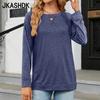 JKAASHDK Женские модные повседневные однотонные блузки и рубашки с круглым вырезом с длинными рукавами и принтом на лето и весну