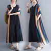 2024 Summer Plus Size Striped Cotton Linen Short Sleeve Maxi Dress for Women