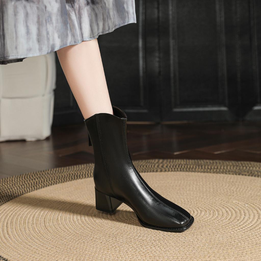 Короткие ботильоны на толстом каблуке женские 2024 новые ботильоны средней высоты диагональные коричневые французские маленькие короткие ботильоны квадратный носок высокий каблук тонкие ботильоны