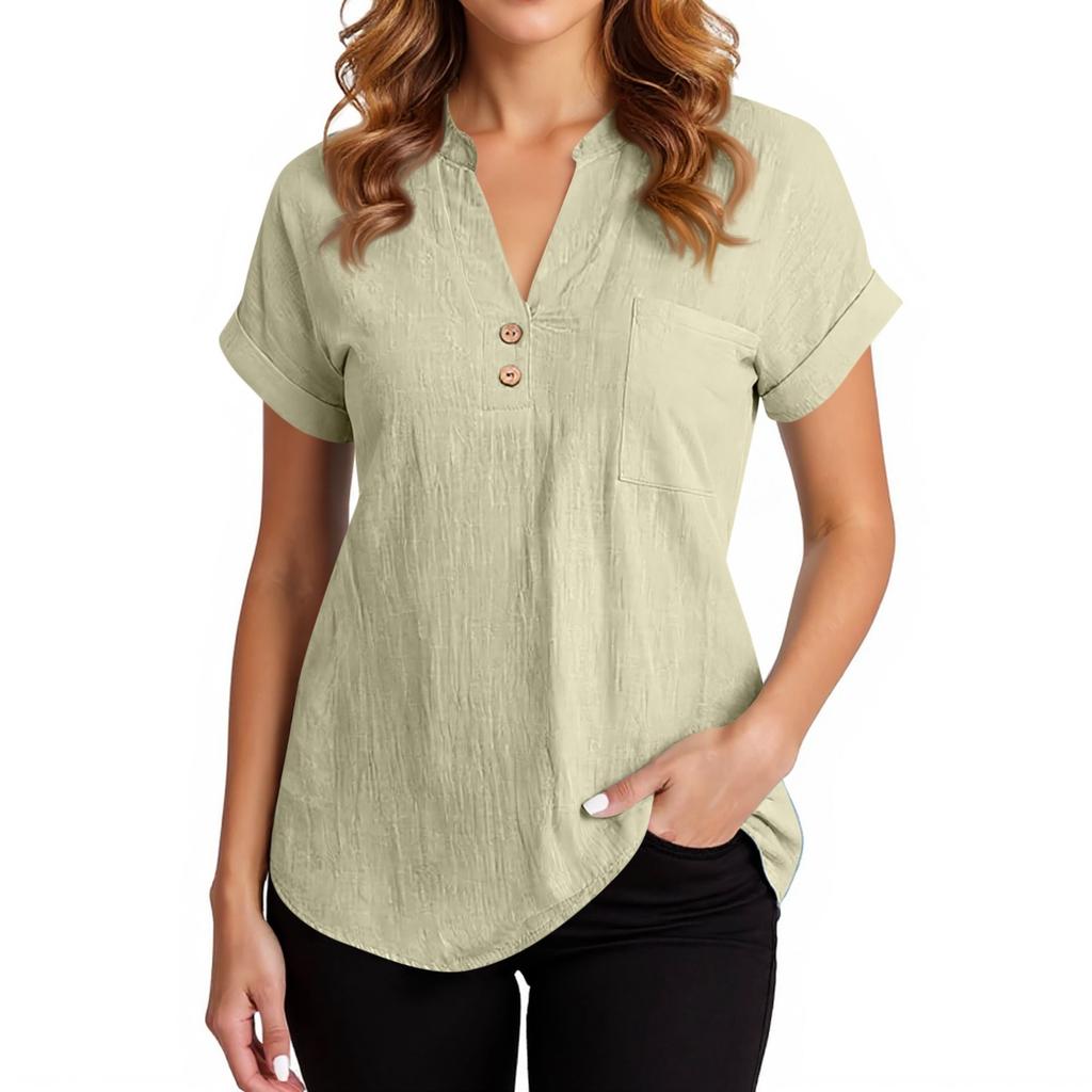 Женская мода однотонная рубашка с V-образным вырезом, пуговицами и карманом, с короткими рукавами, хлопковая повседневная футболка топ