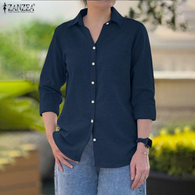 ZANZEA Женская повседневная однотонная блузка с отложным воротником и длинным рукавом