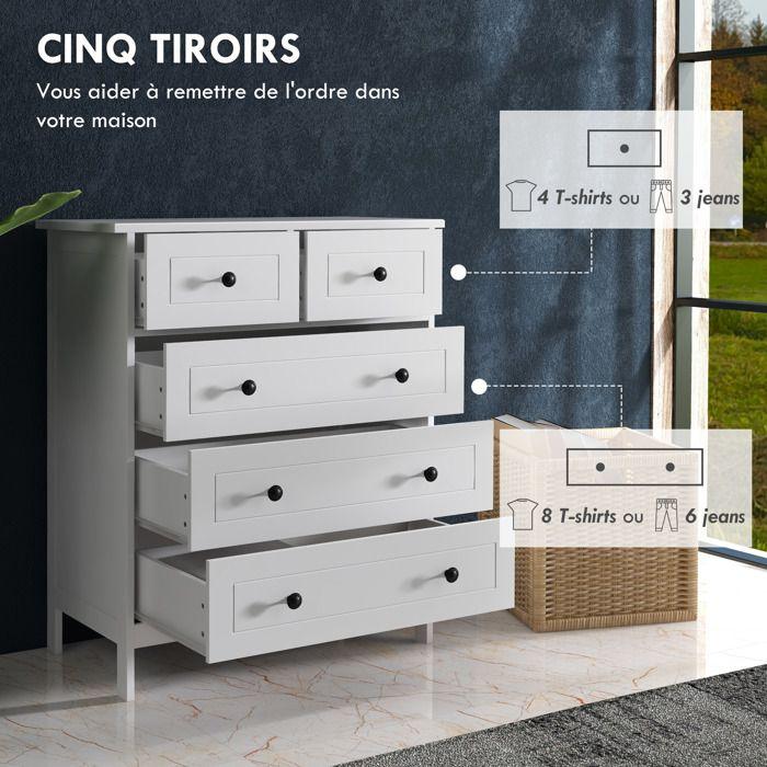 Commode - HOMCOM - blanche 5 tiroirs meuble chambre bureau entrée style contemporain - bois - 74x40x91cm - blanc