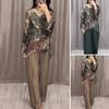 2 Pcs/Set Women Top Pants Set Marble Print V Neck Long Sleeves Single-breasted Blouse Wide Pleated Loose Trousers Casual Homewear
