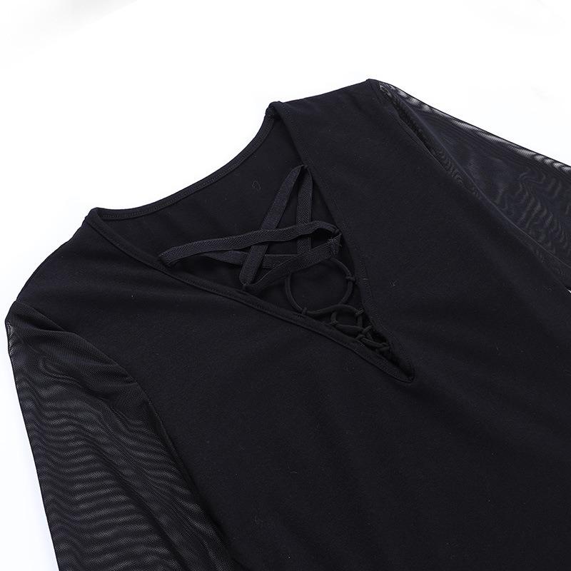 AltGoth Темно-готическое черное вечернее платье для женщин в винтажном стиле на Хэллоуин Fairycore Grunge Mesh Patchwork со шнуровкой и расклешенными рукавами Платье для женщин