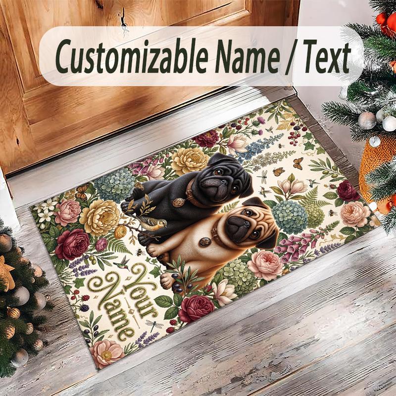 Pug Theme Crystal Velvet Floor Rug Personalized Custom Name Text Warm Carpet Home Decoration