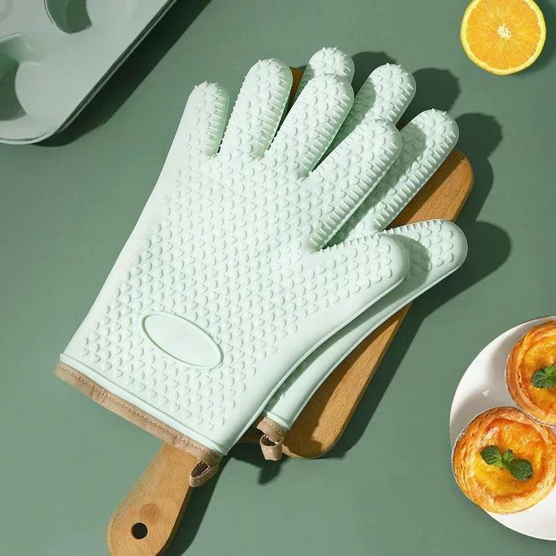 1 пара перчаток для духовки с защитой от ожогов, кухонные рукавицы для выпечки в микроволновой печи, утолщенные термостойкие перчатки с пятью пальцами из силикона