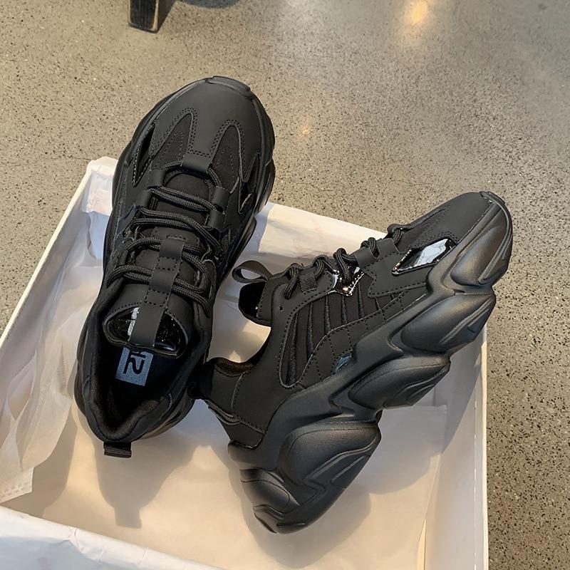 Черные кроссовки на платформе, женская обувь, повседневная обувь на толстой подошве со шнуровкой, женские бежевые зимние массивные кроссовки, кожаная вулканизированная обувь