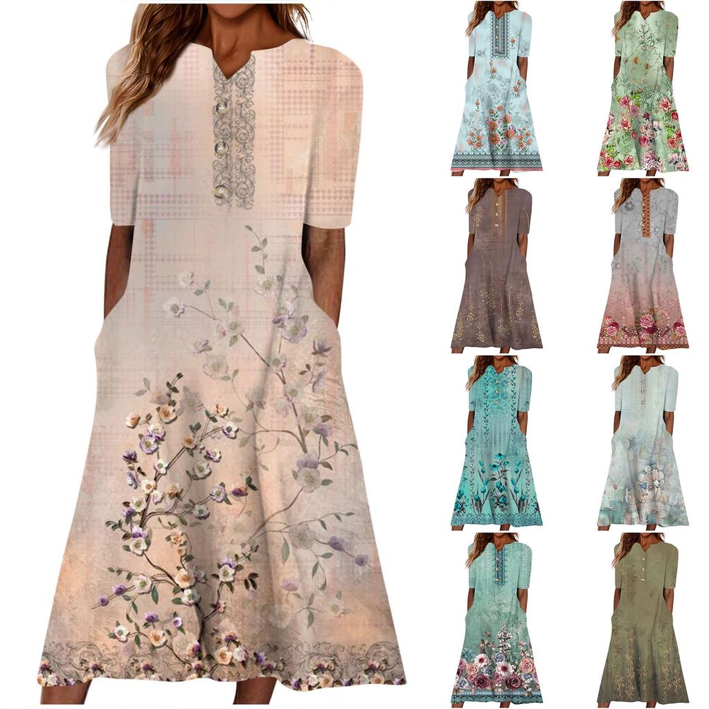 Women's Summer Casual Printed V-Neck Short-Sleeve Swing Dress