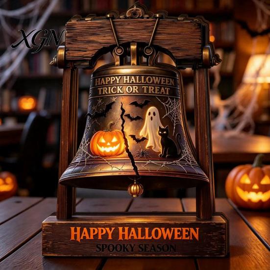 Halloween Theme Gifts Vintage Wooden Bell Decor, Rustic Farmhouse Shelf Sitter with Showcase Ornaments Metal Wood Stand, Tabletop Centerpiece