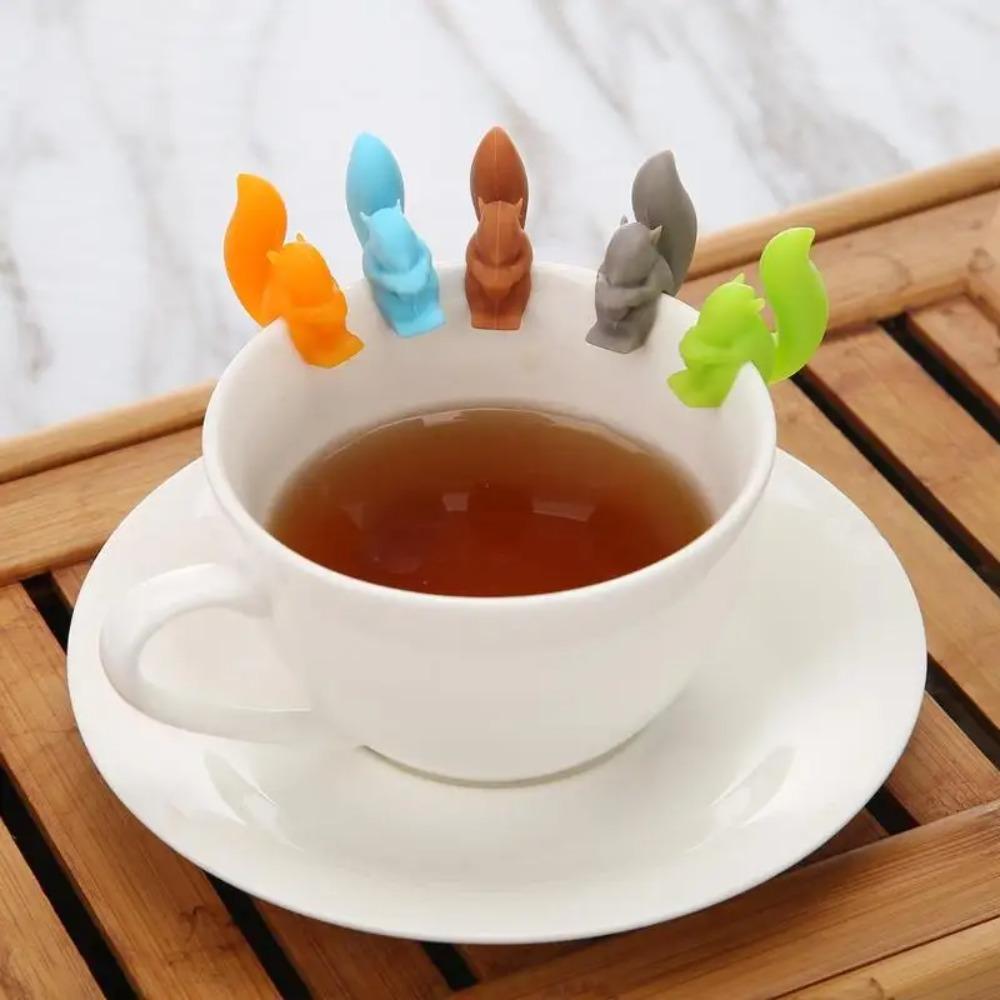 5pcs Cup Decoration Tea Bag Hangers Silicone Tea Bag Clip Squirrel Shaped Tea Bag Holder Mug