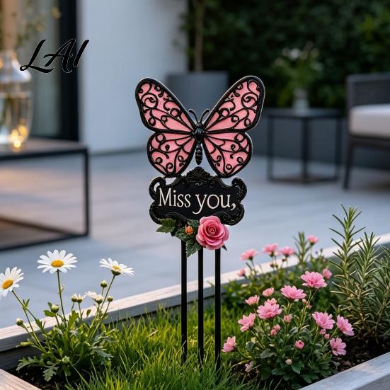 Garden Flower Bed Decoration Butterfly Memorial Stake Miss You Sign Pink Waterproof Ornament Rose Yard Art Stake for Lawn Courtyard Cemetery Weather