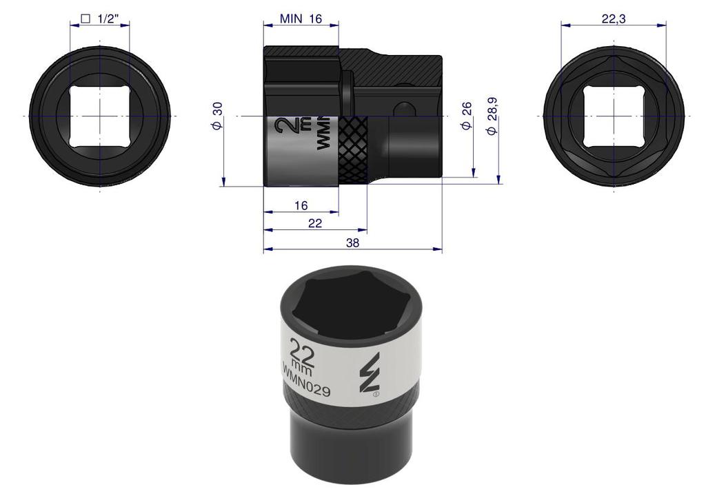 Hexagonal socket 1/2". 22 . CrV50BV30. DIN 3124. Waryński