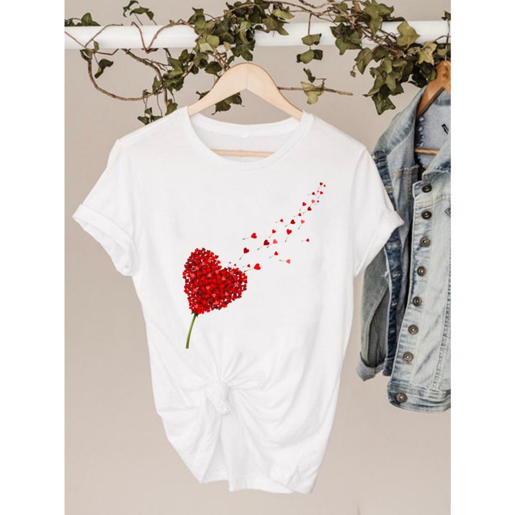 Watercolor Love Heart Sweet Fashion Short Sleeve Print T Shirt Tee Basic Clothing Summer Top Graphic T-shirt Women Clothes