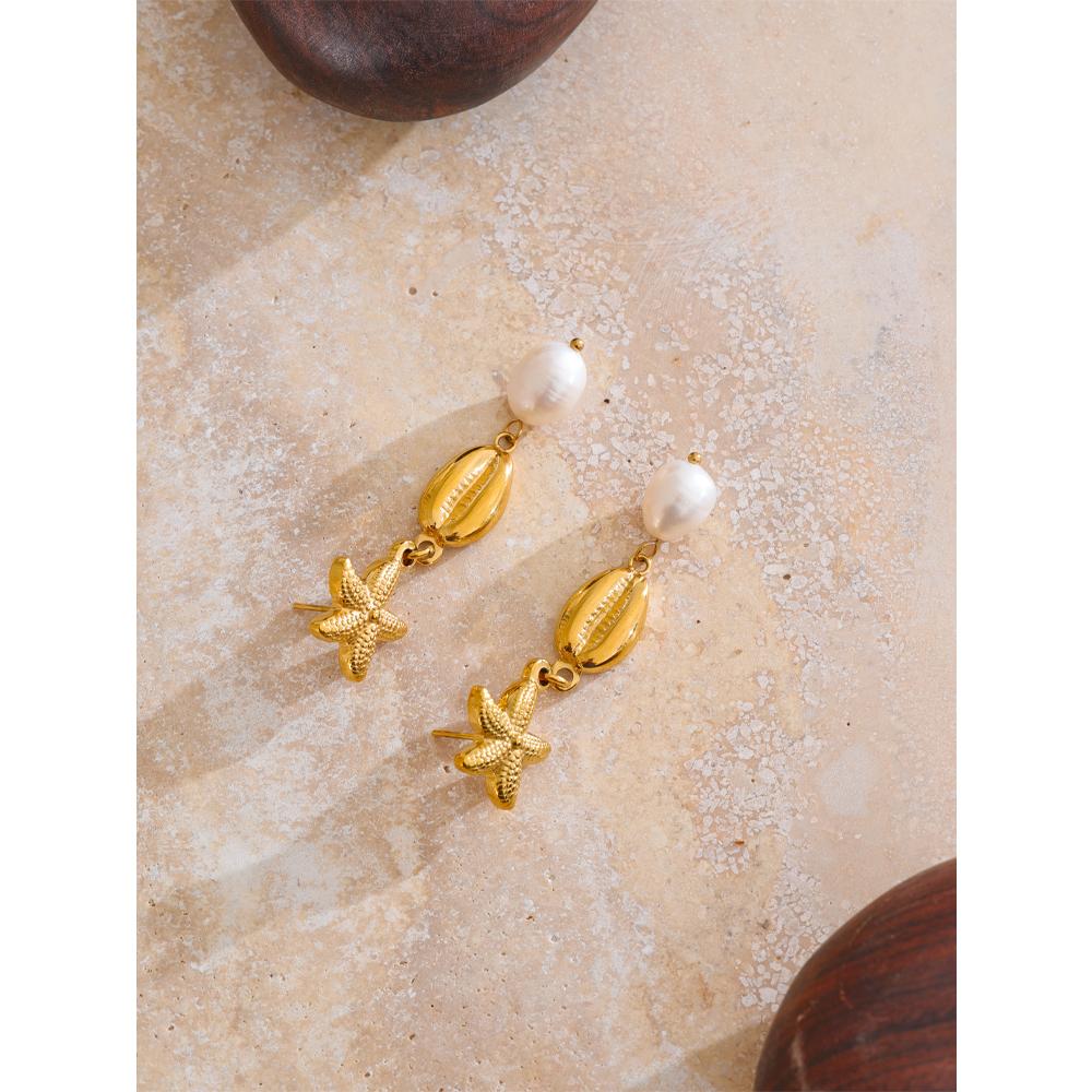 Yhpup Starfish Shell Drop Natural Freshwater Pearl Earrings Summer Stainless Steel Charm Daily Jewelry Wholesale Gift